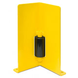 Pallet-rack-end-frame-protectors-Right-angle-profile-400mmH-6mm-gauge-Guide-roller-Yellow-Black-Warehouse-safety-equipment-Industrial-storage-protection-Heavy-duty-High-visibility-Impact-resistant-guards-Forklift-Racking-system-safety