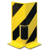 Pallet-rack-end-frame-protectors-Right-angle-profile-400mmH-6mm-gauge-Guide-roller-Yellow-Black-Warehouse-safety-equipment-Industrial-storage-protection-Heavy-duty-High-visibility-Impact-resistant-guards-Forklift-Racking-system-safety