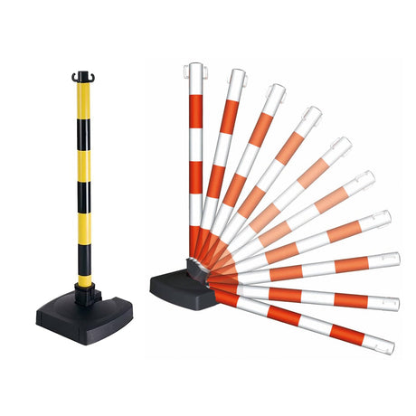 Plastic post and chain kit Self-standing barrier system Red and white colour scheme Crowd control solution Plastic chain barriers Outdoor safety barrier Traffic control solution Durable construction Portable design