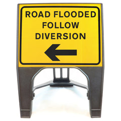 ROADFLOODEDFOLLOWDIVERSIONARROWLEFT600X450MMMELBASWINTEXQSIGNROADSAFETYTRAFFICREDWHITESTREETSIGNAGE
