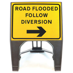 ROADFLOODEDFOLLOWDIVERSIONARROWRIGHT600X450MMMELBASWINTEXQSIGNROADSAFETYTRAFFICREDWHITESTREETSIGNAGE