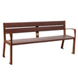 Silaos recycled-plastic bench with blue steel frame, no armrests, angled view