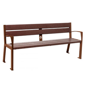 Silaos recycled-plastic bench with blue steel frame, no armrests, angled view