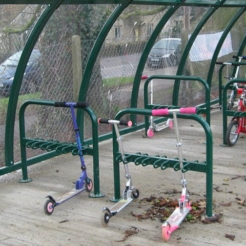 Double sided kids scooter rack with galvanised steel construction
