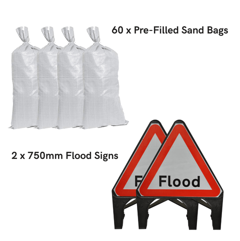 Sand Bags and Flood Traffic Sign Kit - Essential (60 x Bags)