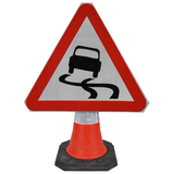 Slippery Road Surface 750mm Triangle Hangman Sign (Single Cone) 557 traffic-cone-road-mounted-signs-signage-warning-symbols-caution-directional-constuction-hazard-roadway-motorway-custom-roadwork-heavy-duty-reflective-caution-site-pedestrian-safety-plastic-portable-stackable-highway-uk
