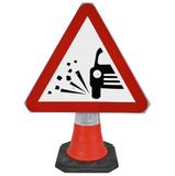 Loose Chippings on Road Ahead 750mm Triangle Hangman Sign (Single Cone) 7009 traffic-cone-road-mounted-signs-signage-warning-symbols-caution-directional-constuction-hazard-roadway-motorway-custom-roadwork-heavy-duty-reflective-caution-site-pedestrian-safety-plastic-portable-stackable-highway-uk