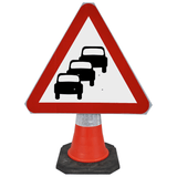 Traffic Queues Likely on Road Ahead 750mm Triangle Hangman Sign (Single Cone) traffic-cone-road-mounted-signs-signage-warning-symbols-caution-directional-constuction-hazard-roadway-motorway-custom-roadwork-heavy-duty-reflective-caution-site-pedestrian-safety-plastic-portable-stackable-highway-uk