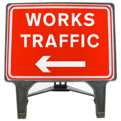 WORKSTRAFFICARROWLEFT1050x750MMMELBASWINTEXQSIGNROADSAFETYTRAFFICREDWHITESTREETSIGNAGE