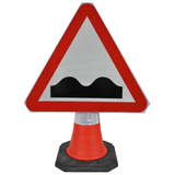 Uneven Road 750mm Triangle Hangman Sign (Single Cone) 556 traffic-cone-road-mounted-signs-signage-warning-symbols-caution-directional-constuction-hazard-roadway-motorway-custom-roadwork-heavy-duty-reflective-caution-site-pedestrian-safety-plastic-portable-stackable-highway-uk