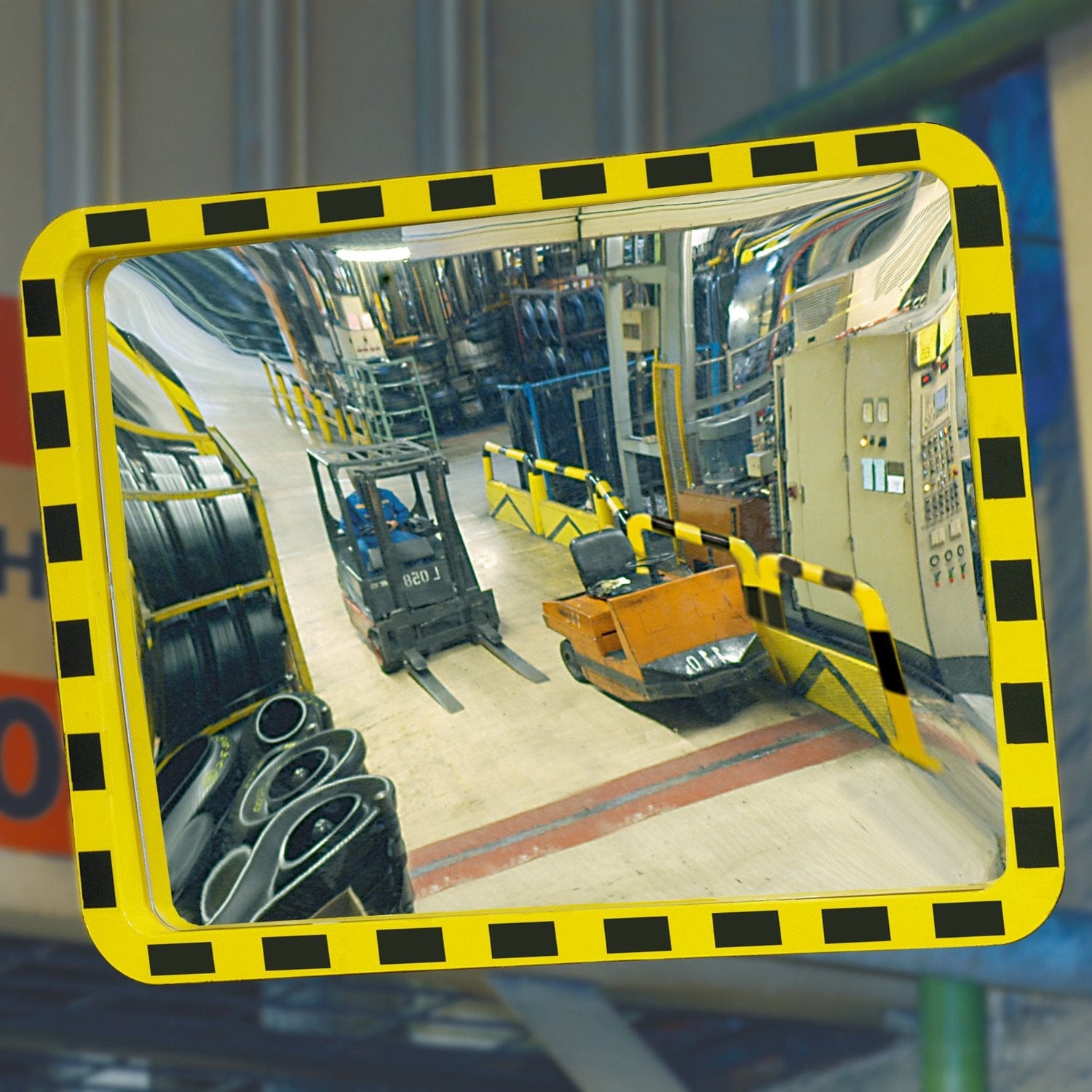 view-minder-industrial-duty-observational-mirror-heavy-duty-safety-warehouse-hazardous-workplace-factories-forklift-black-yellow-caution-security-shock-resistant-indoor-outdoor-weather-resistant-facilities-manufacturing
